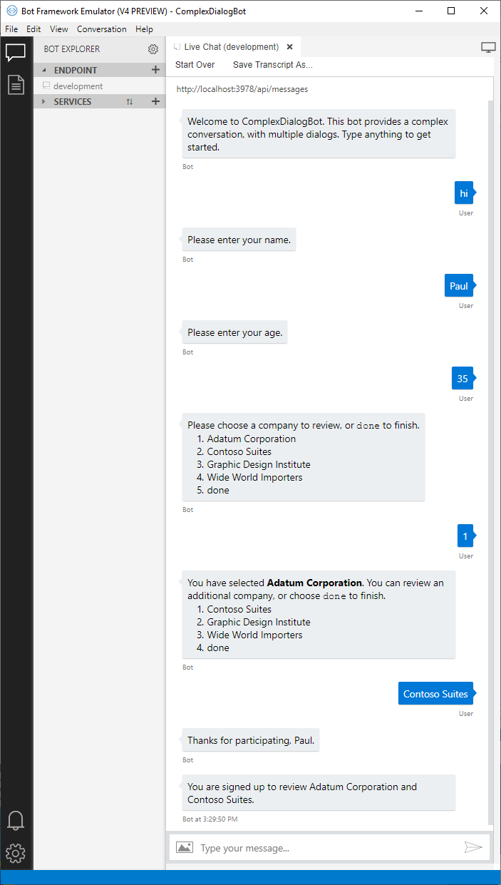 Exemple de transcription d’une conversation avec le bot de dialogue complexe.