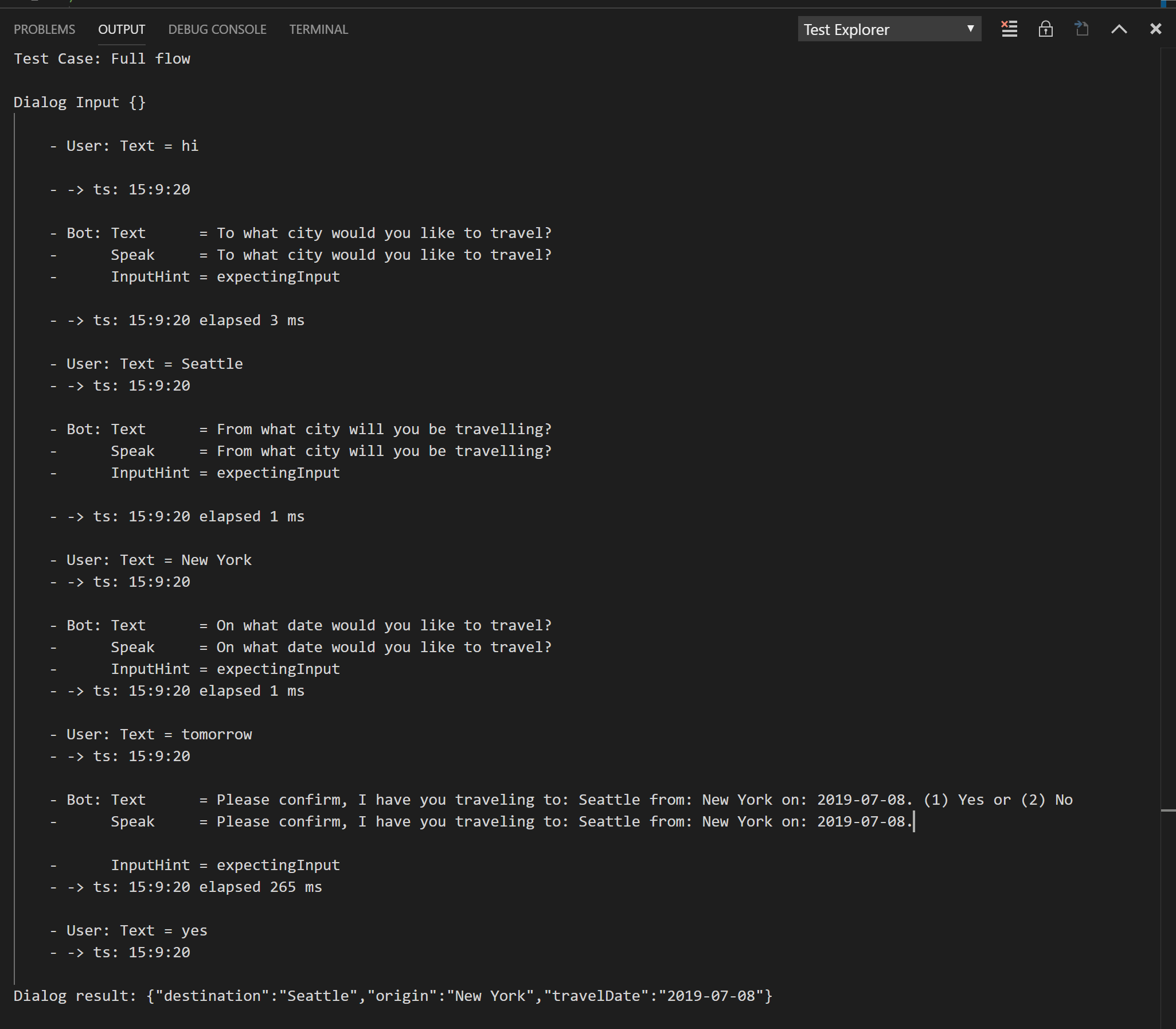 Sample output from the dialog test logger.