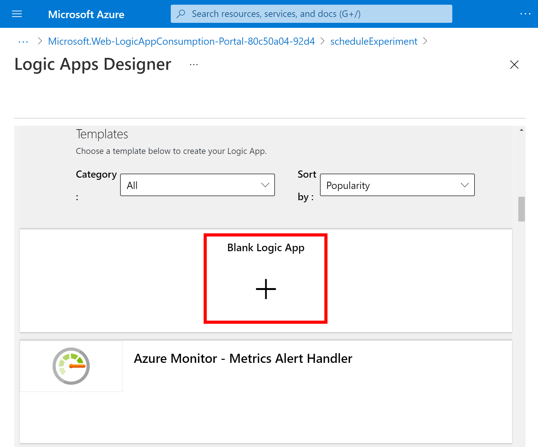 Capture d’écran qui montre le volet de sélection de modèle Logic Apps avec l’option Application logique vide sélectionnée.