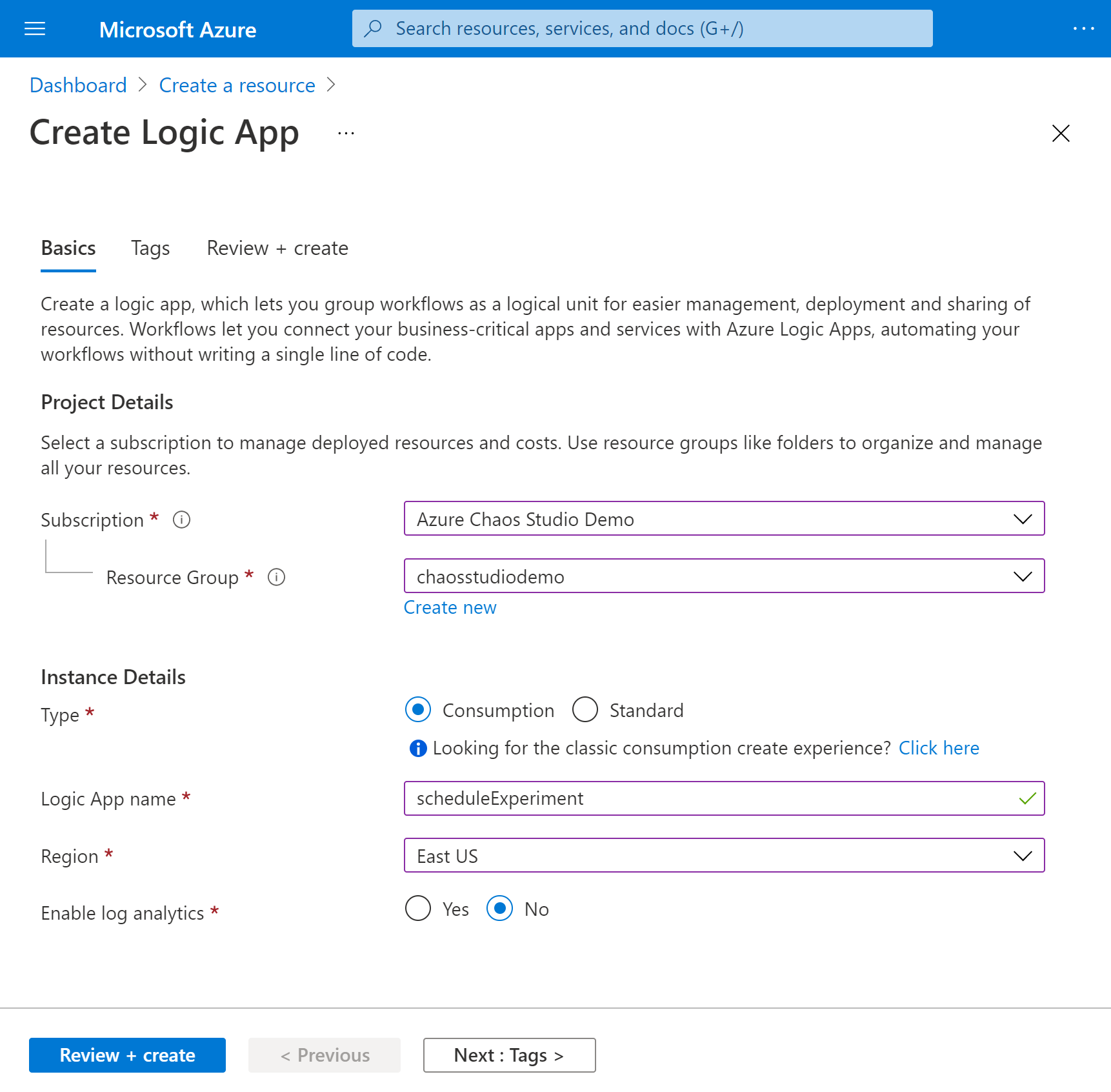 Capture d’écran qui montre le volet de création d’application logique et les informations à fournir pour la nouvelle application logique.