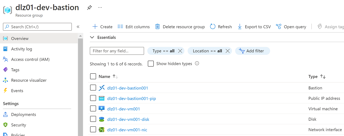 Capture d’écran de la liste de groupes de ressources Azure Bastion