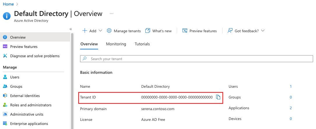 Capture d’écran montrant comment copier (et stocker) un ID du locataire Microsoft Entra.