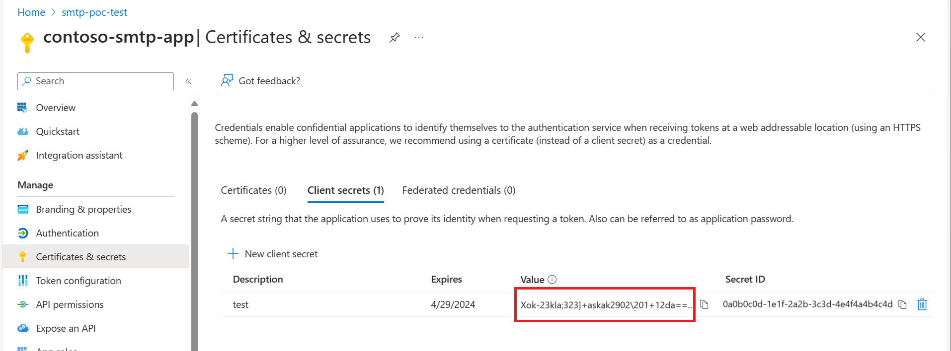 Capture d’écran montrant la recherche du secret client Microsoft Entra.