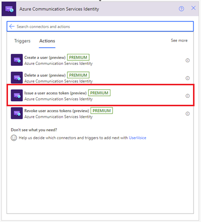 Capture d’écran montrant l’action Émettre un jeton d’accès utilisateur du connecteur Azure Communication Services Identity.