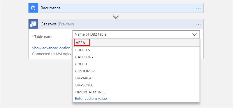 Capture d’écran montrant l’action « Obtenir la ligne (préversion) » avec la valeur « AREA » sélectionnée dans la liste « Nom de la table ».