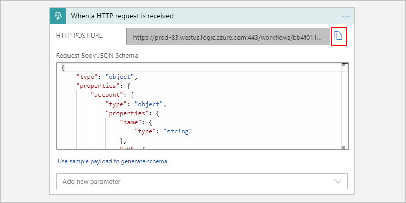 Capture d'écran montrant le flux de travail de consommation, le déclencheur de demande et le bouton de copie d'URL sélectionné.