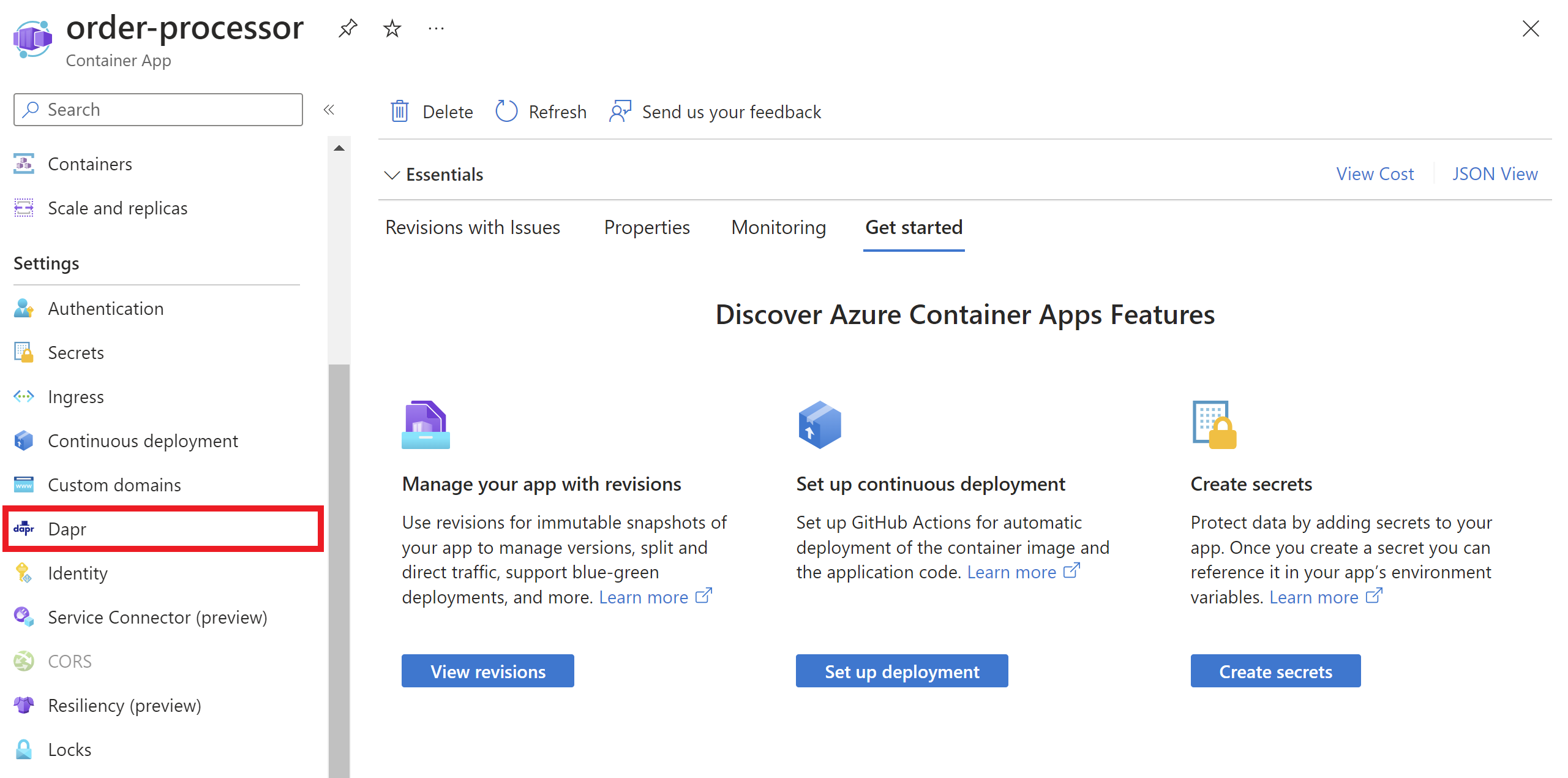 Capture d’écran montrant où activer Dapr dans votre application conteneur via la vue du portail Azure.