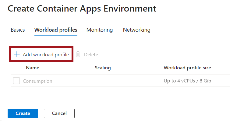 Capture d’écran de la fenêtre permettant d’ajouter un profil de charge de travail à l’environnement Container Apps.