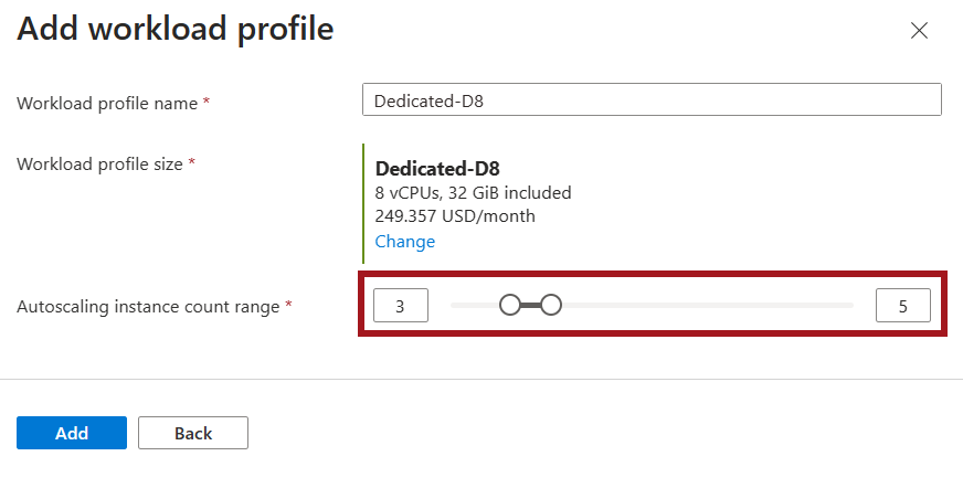 Capture d’écran de la fenêtre permettant de sélectionner les nombres minimal et maximal d’instances d’un profil de charge de travail.