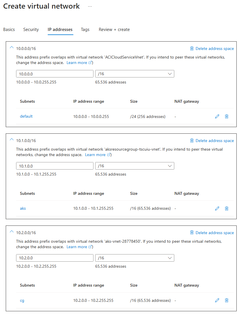 Capture d’écran montrant comment configurer la page Adresses IP pour la création d’un réseau virtuel dans le Portail Azure.