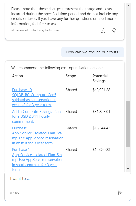 Capture d’écran de Microsoft Azure Copilot fournissant une liste de suggestions réduire les coûts.