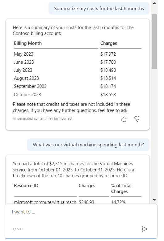 Capture d’écran de Microsoft Azure Copilot fournissant un résumé des coûts.