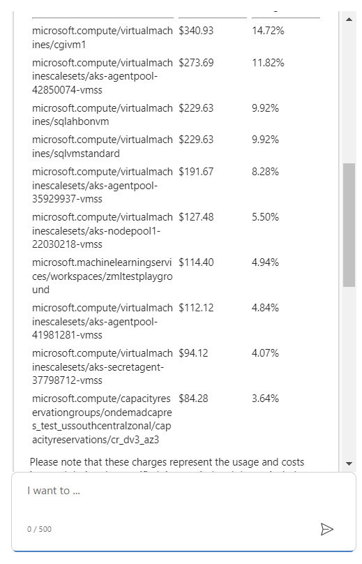 Capture d’écran de Microsoft Azure Copilot fournissant des détails sur les coûts de la machine virtuelle.