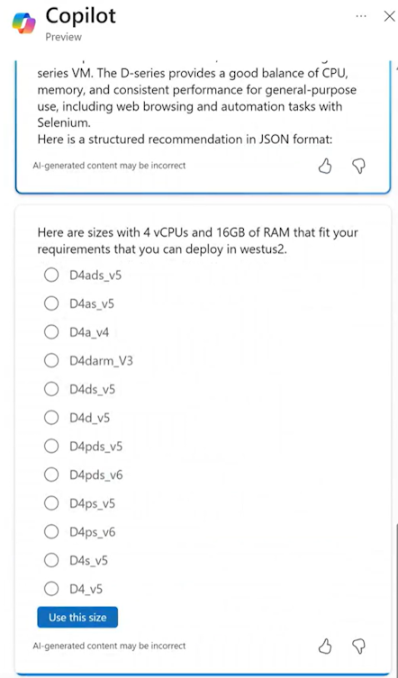 Capture d’écran montrant Microsoft Azure Copilot fournissant des recommandations de taille pour une machine virtuelle.