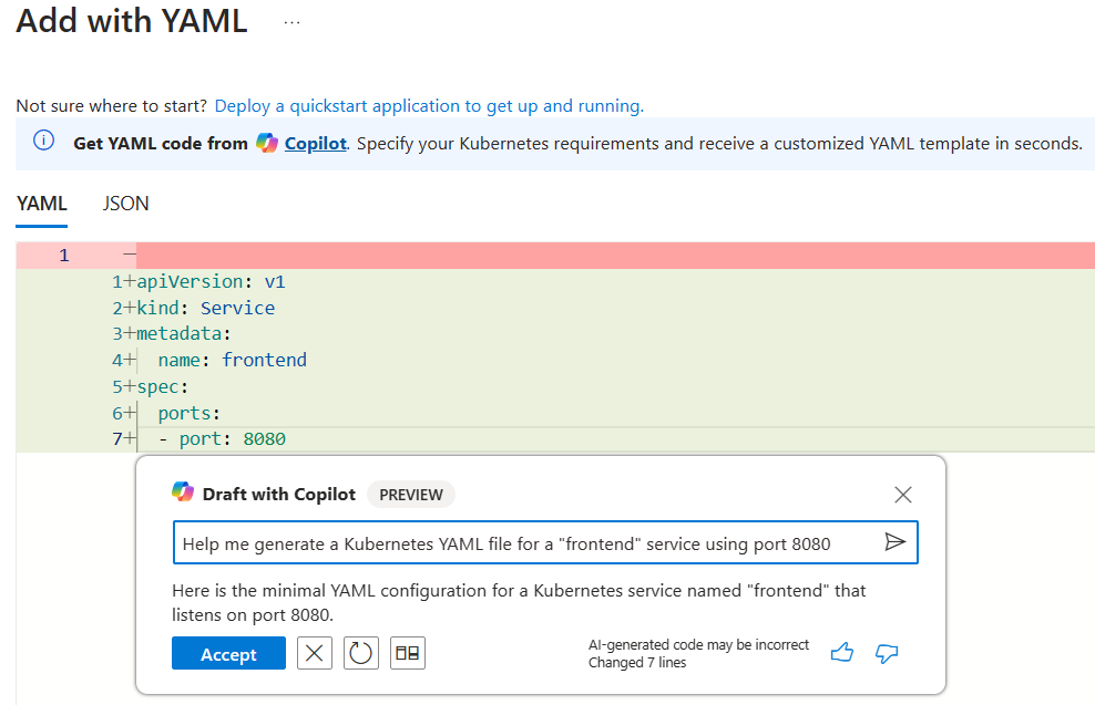 Capture d’écran montrant l’éditeur YAML avec une invite pour créer un déploiement AKS.