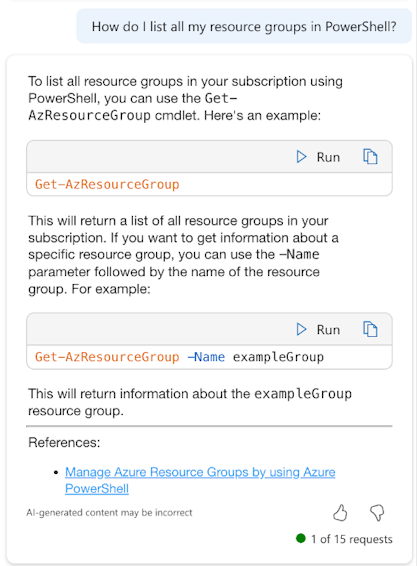 Capture d’écran de Microsoft Azure Copilot fournissant la cmdlet PowerShell pour répertorier les groupes de ressources.