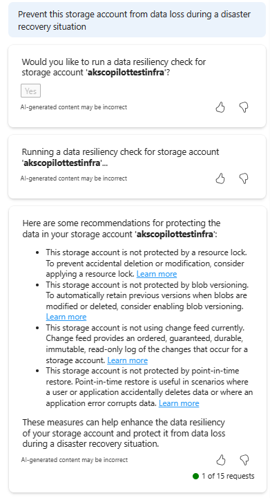 Capture d’écran de Microsoft Azure Copilot fournissant des suggestions pour améliorer la résilience des données du compte de stockage.