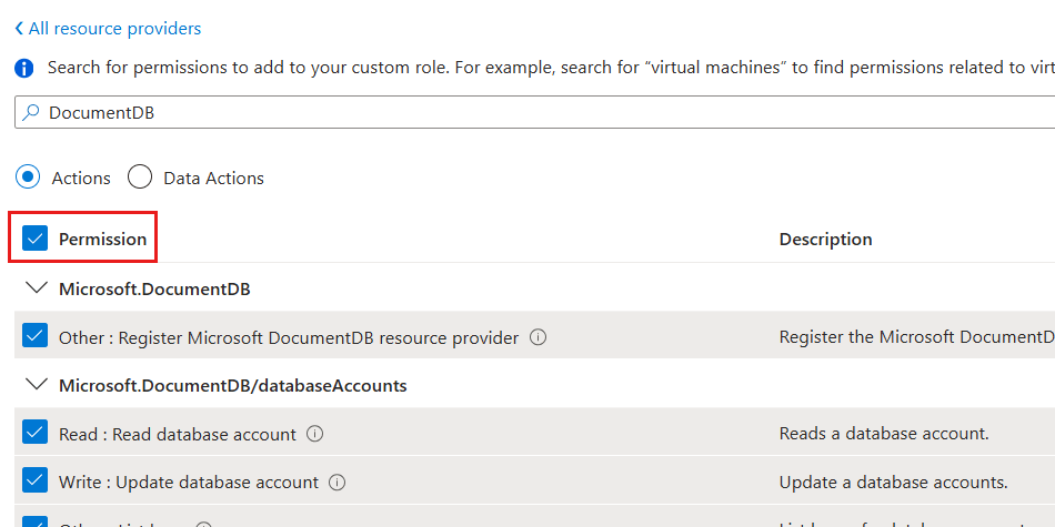 Capture d’écran de toutes les autorisations sélectionnées pour « DocumentDB » dans une boîte de dialogue pour un rôle personnalisé.