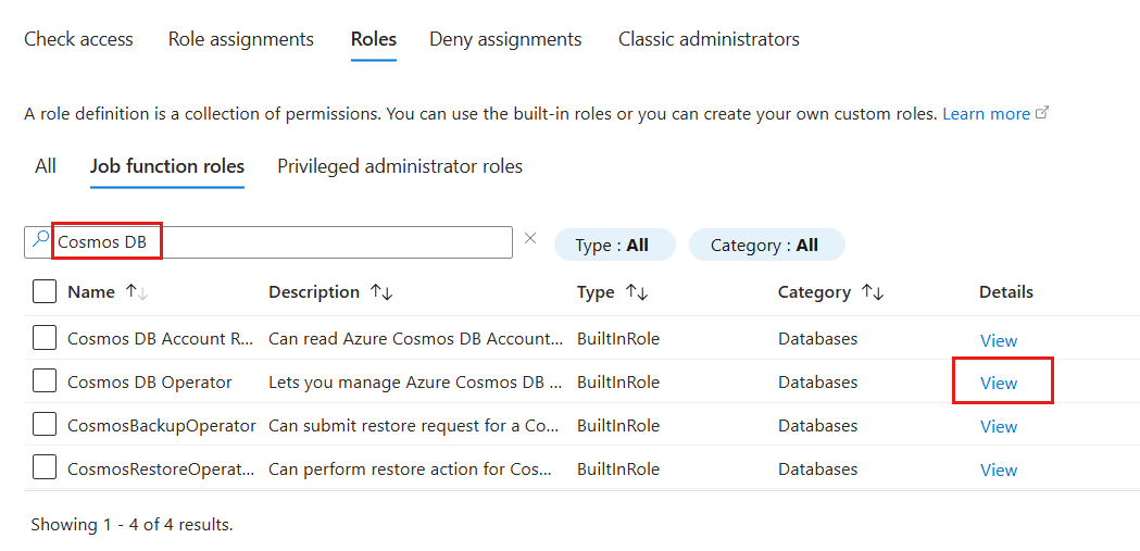 Capture d’écran d’une liste de définitions de rôle à l’étendue assignable actuelle filtrée pour inclure uniquement les définitions avec « Cosmos DB » dans le titre.