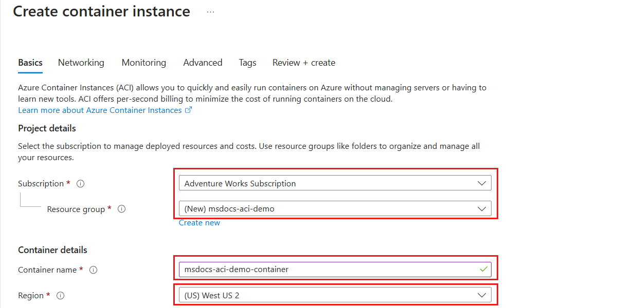 Capture d’écran du volet « Informations de base » de la création de ressources Azure Container Instances.