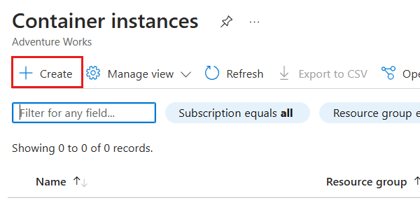 Capture d’écran de l’option « Créer » dans le volet d’Azure Container Instances.