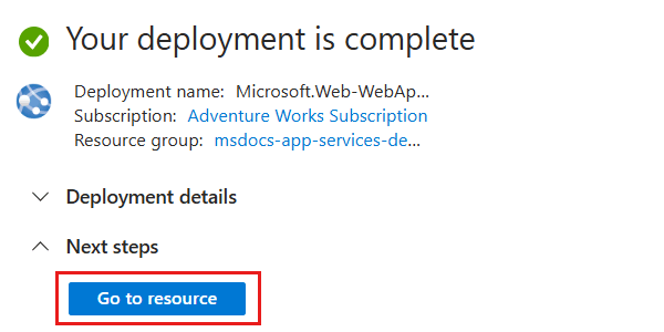 Capture d’écran d’une ressource d’application web Azure App Service entièrement déployée avec l’option « Accéder à la ressource » en surbrillance.