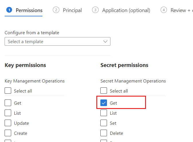 Capture d’écran de l’autorisation Obtenir activée pour les autorisations du secret.