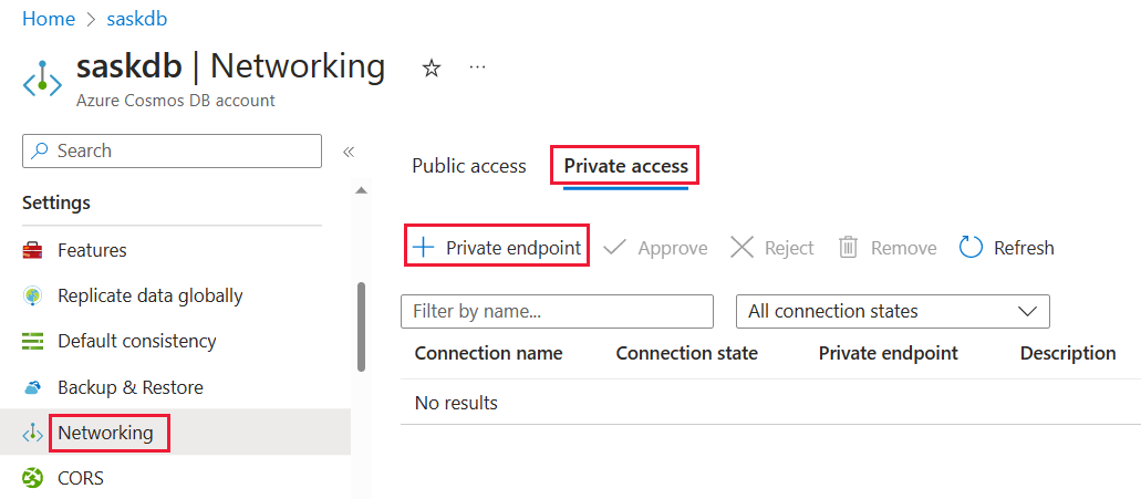 Capture d’écran des sélections pour créer un point de terminaison privé dans le portail Azure