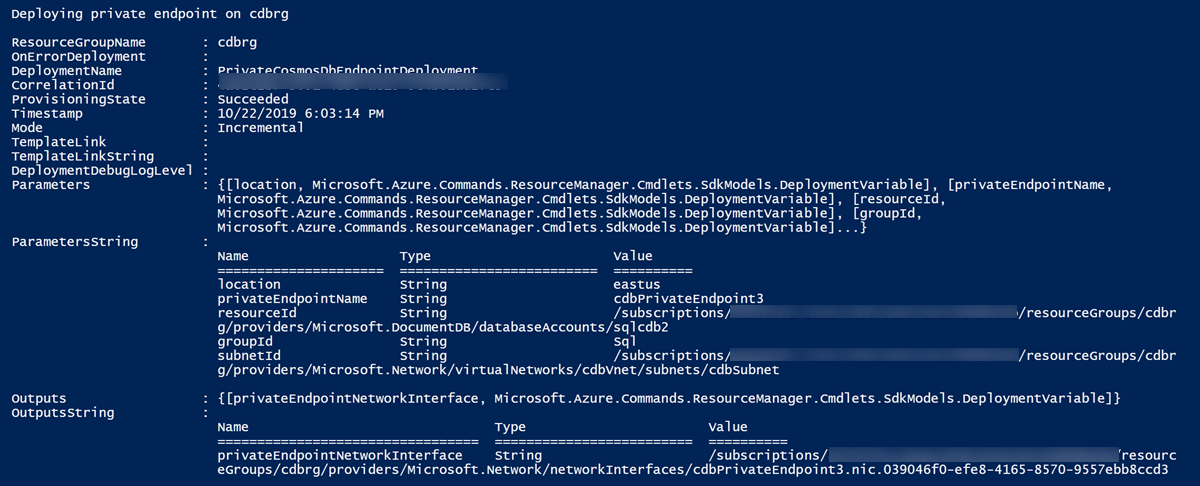 Capture d’écran de sortie du déploiement pour le modèle Resource Manager.