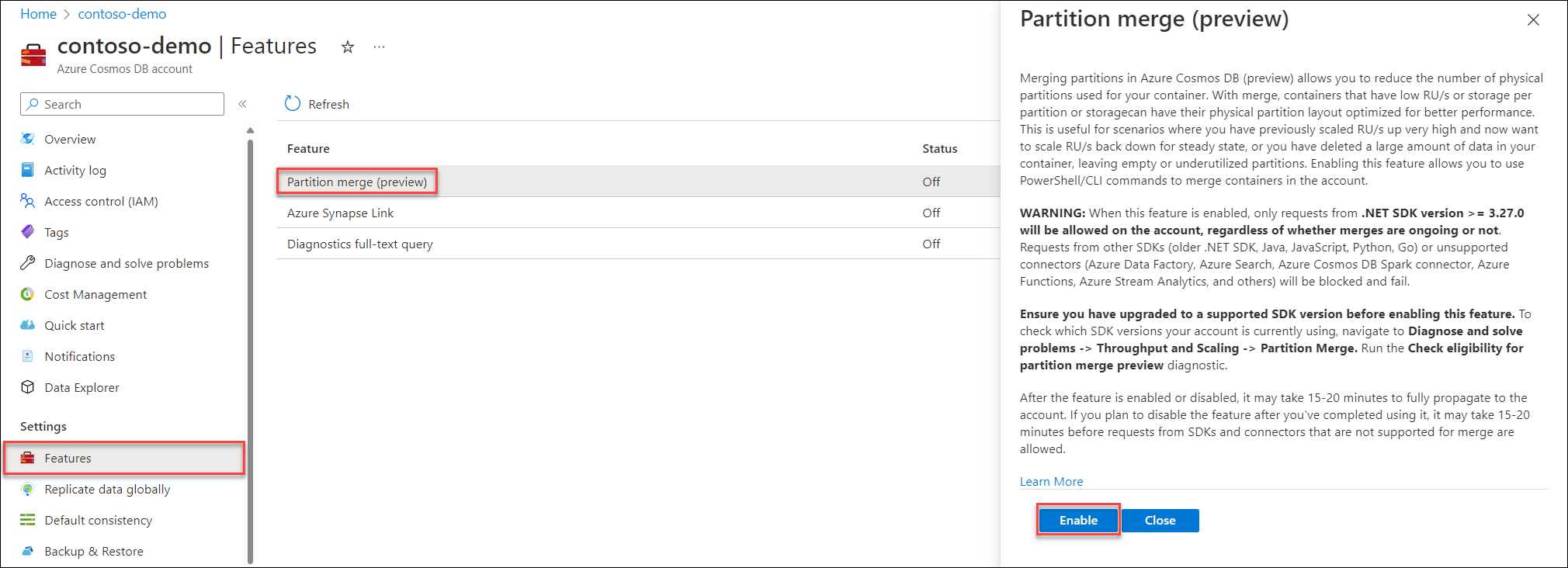 Capture d’écran du volet Fonctionnalités et de la fonctionnalité de fusion de partitions.