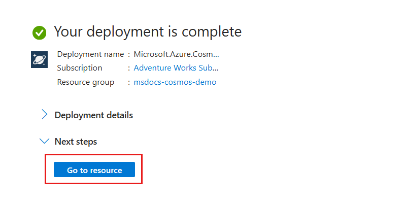 Capture d’écran d'une ressource entièrement déployée avec l'option « Go to ressource » en surbrillance.