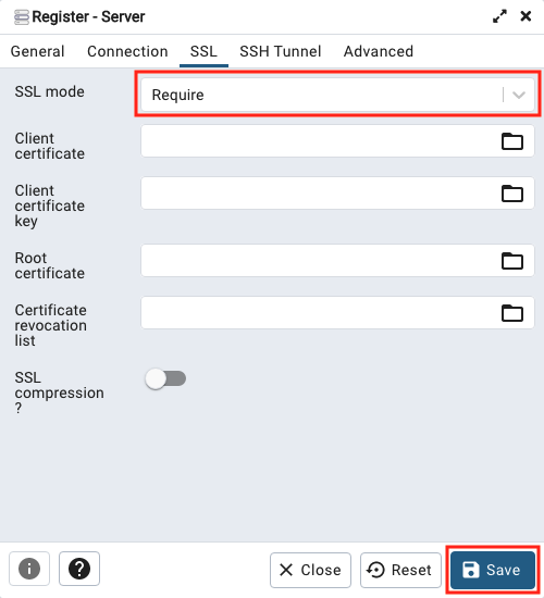 Capture d’écran montrant les paramètres SSL pgAdmin.