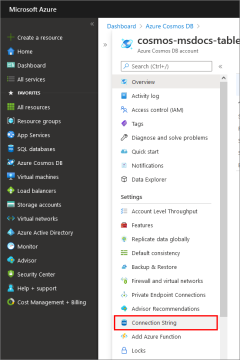 Capture d’écran montrant l’emplacement du lien des chaînes de connexion sur la page Azure Cosmos DB.