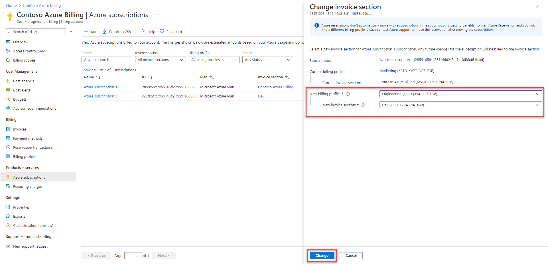 Capture d’écran montrant l’option qui permet de changer la section de facture.