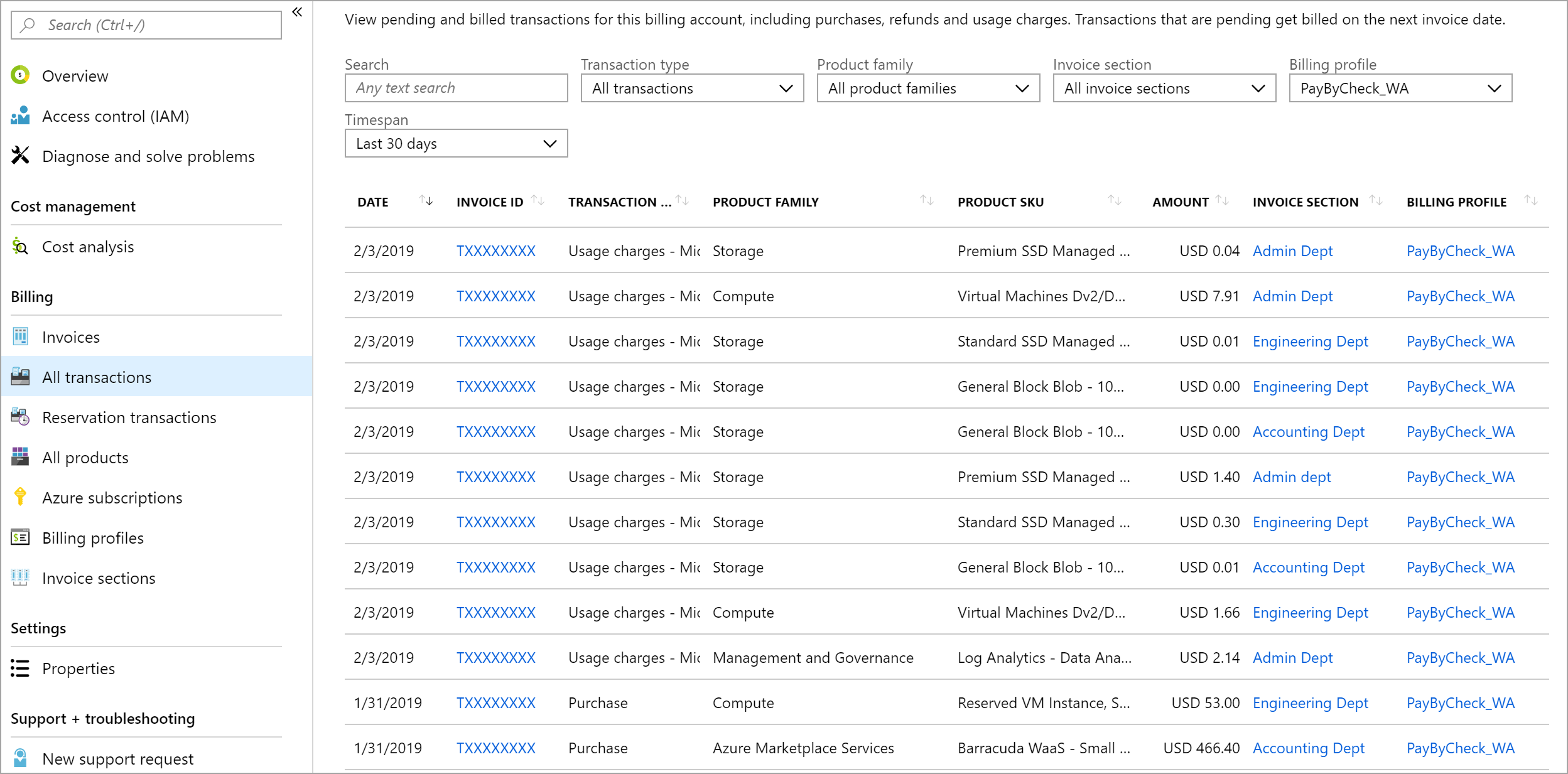 Capture d’écran montrant la liste des transactions facturées.