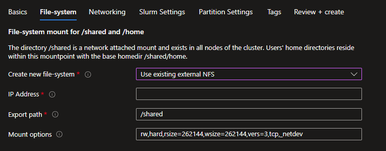 capture d’écran du montage du système de fichiers pour /shared et /home use external NFS options screen