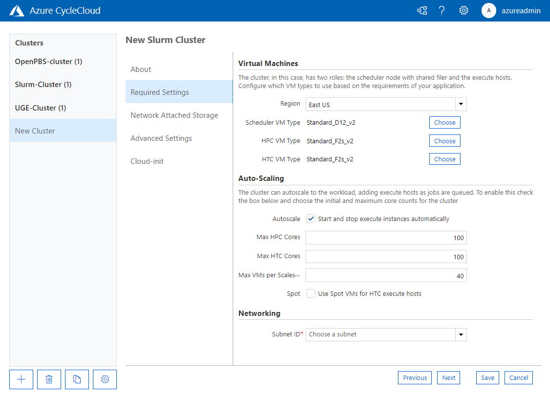 Formulaire CycleCloud New Cluster