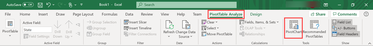 Capture d’écran du menu Analyser le tableau croisé dynamique.