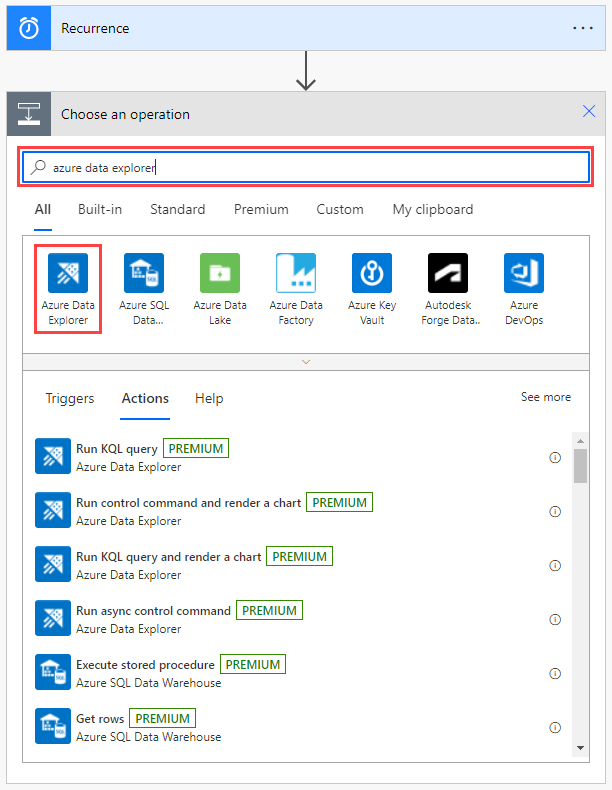 Capture d’écran de la fenêtre Choisir une opération, avec la zone de recherche et Azure Data Explorer mis en évidence.