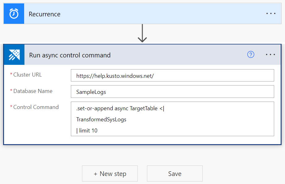 Capture d’écran du connecteur Azure Data Explorer montrant l’action Exécuter une commande de gestion asynchrone.