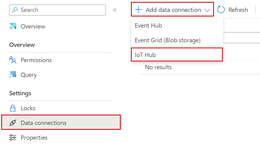 Capture d’écran de l’interface utilisateur web d’Azure Data Explorer, montrant la fenêtre d’ingestion des données avec l’onglet Ajouter une connexion de données sélectionnée.