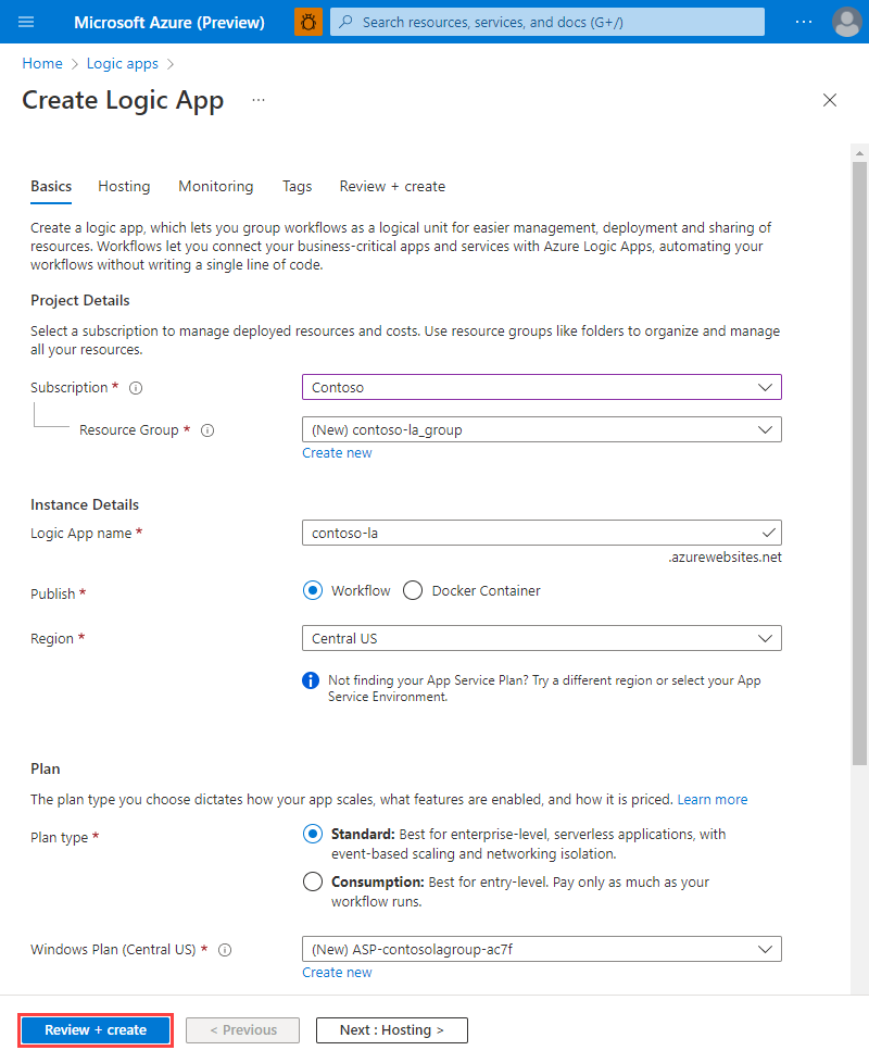 Capture d’écran de la page Créer une application logique, montrant l’onglet Informations de base renseigné.