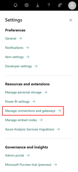 Capture d’écran du volet Paramètres dans le service Power BI. L’option intitulée Gérer les connexions et les passerelles est mise en surbrillance.