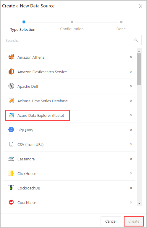 Sélectionner une source de données Azure Data Explorer.