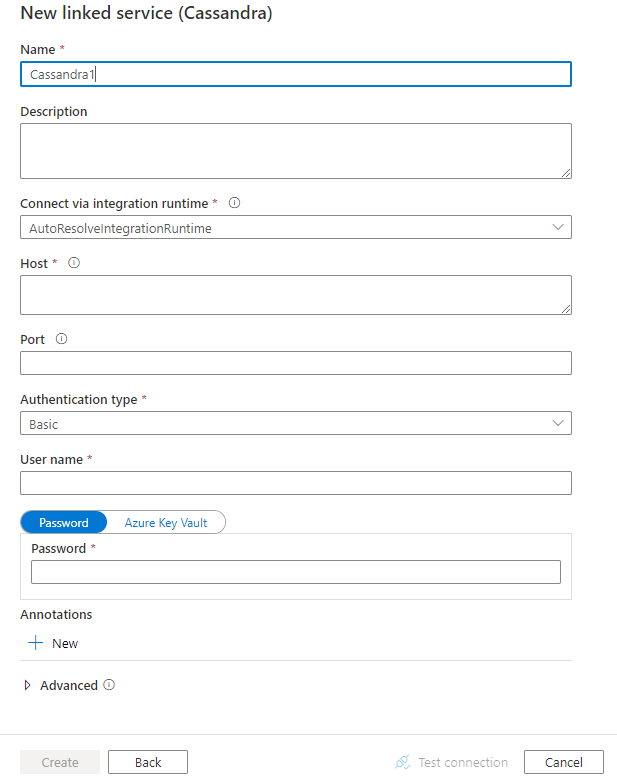 Capture d’écran de la configuration du service lié pour Cassandra.