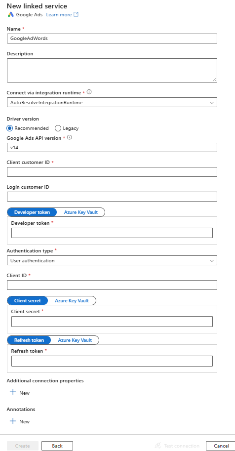 Capture d’écran de la configuration du service lié pour Google Ads.