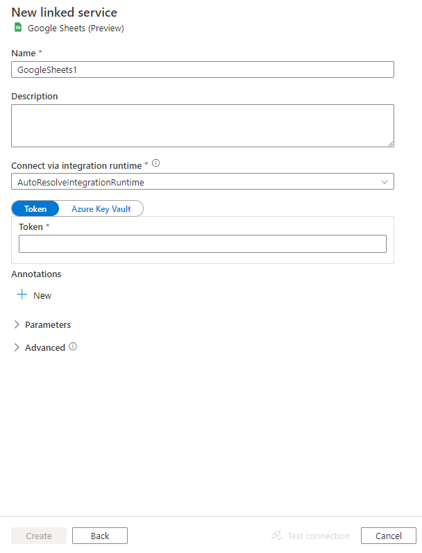 Capture d’écran de la configuration du service lié Google Sheets.