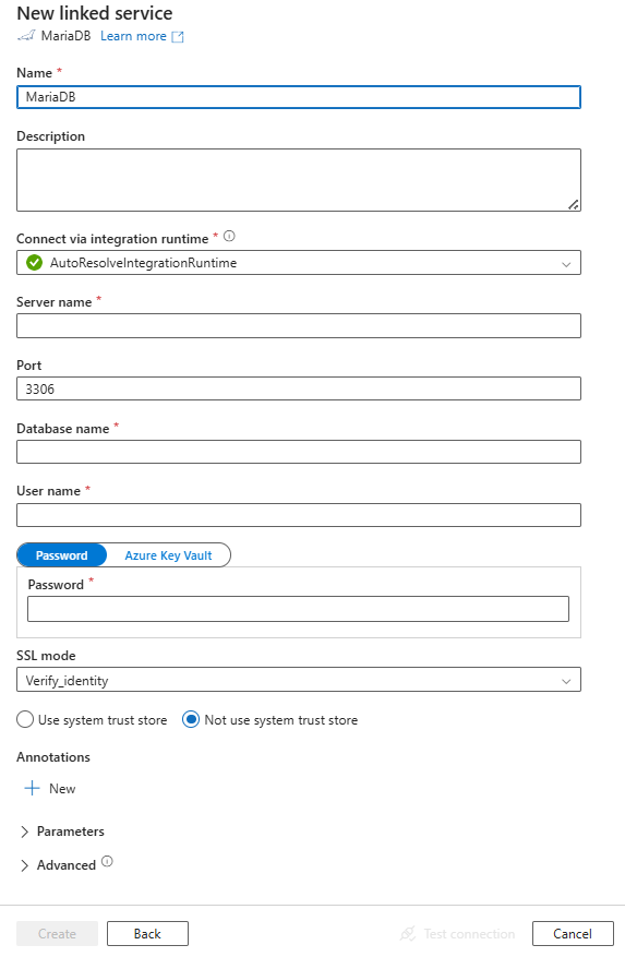 Capture d’écran de la configuration du service lié pour MariaDB.