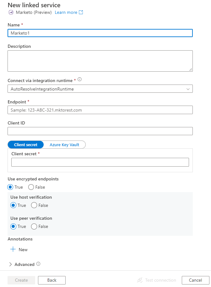 Capture d’écran de la configuration du service lié pour Marketo.