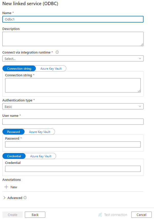 Capture d’écran de la configuration du service lié pour un magasin de données ODBC.